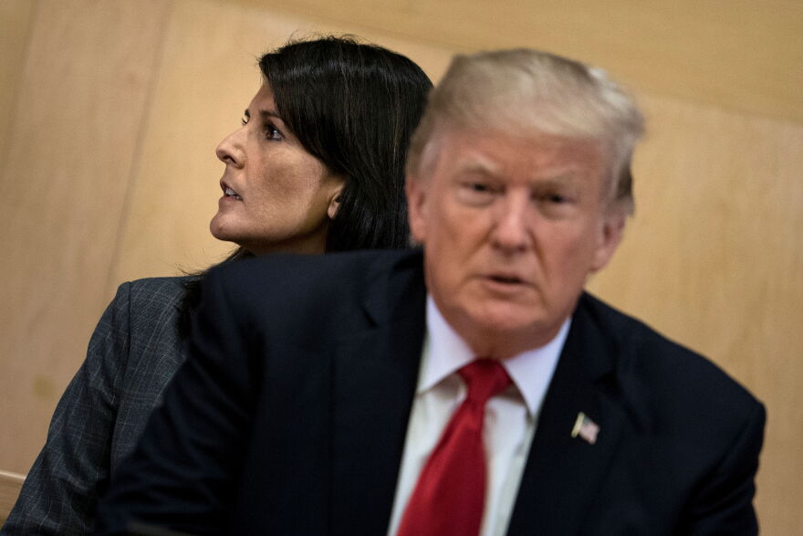 Then-U.S. Ambassador to the United Nations Nikki Haley and then-President Donald Trump wait for a meeting on U.N. reforms at U.N. headquarters in New York on Sept. 18, 2017.