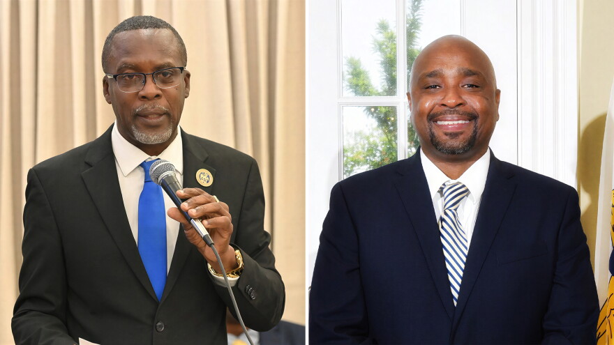 Senator Marvin Blyden, chair of the Committee on Housing, Transportation and Telecommunications, left, and Derek Gabriel, executive director of the Virgin Islands Housing Finance Authority.
