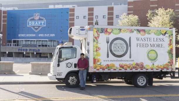 Chad Techner, founder and CEO of Metro Food Rescue, collecting over 72,000 pounds of leftover food and beverages from the 2024 NFL Draft, which was held in Detroit.