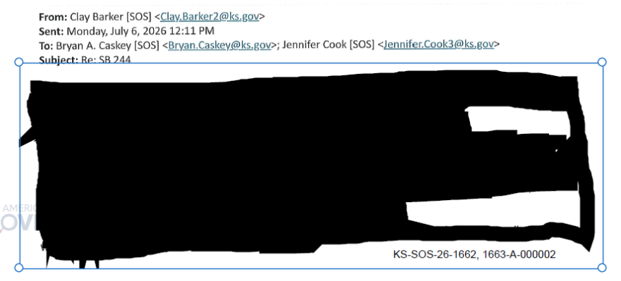Clay Barker, general counsel for the Secretary of State’s Office, attempted to redact his legal analysis, but sent a file that allows the black box to be selected and removed.