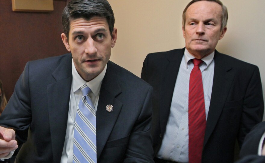 As congressional colleagues, Rep. Todd Akin (right) and Rep. Paul Ryan have co-sponsored anti-abortion legislation. They're seen here before a press conference on Ryan's budget proposal on Apr. 5, 2011.