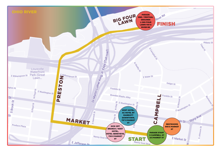 The route for the 23rd Kentuckiana Pride Parade