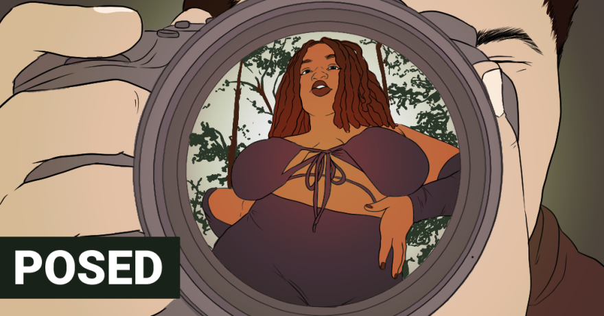 Illustration of a femme-presenting person posing in nature seen through a reflection of a camera lens. The person, who has shoulder-length dreads and medium-tone skin, is wearing lipstick, a tie crop top, arm warmers and high-waisted bottoms. Behind the lens is a close-up view of the upper right-hand portion of the photographer's face and their fingers holding the shutter of the camera. In the bottom left corner of the illustration there is the text "Posed."