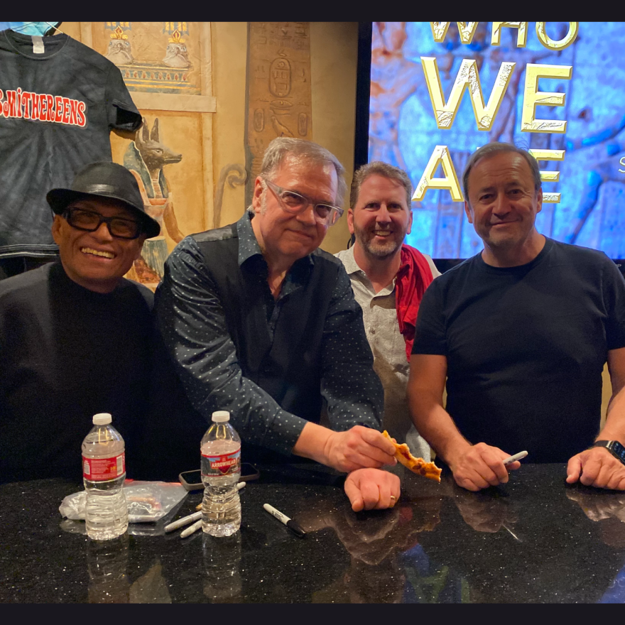 KPCW’s Bill Skinner was thrilled to hang with The Smithereens, his favorite band since high school, after their show at The Egyptian! (L to R: Severo Thrilla Jornacion (bass), Dennis Diken (drums), KPCW’s Bill Skinner, Jim Babjak (guitar))