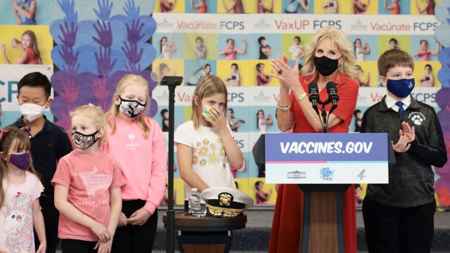 First lady Jill Biden delivers remarks with children who were just vaccinated at the Franklin Sherman Elementary School on Monday in McLean, Va.