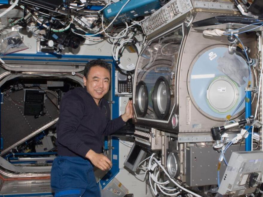 Japanese Astronaut Satoshi Furukawa works near the Microgravity Science Glovebox aboard the International Space Station on June 30. The unit allows space station crew members to assemble and operate science experiments in a controlled environment.