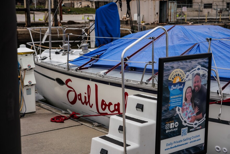 Bobby LaPin says he won't start cruises for his charter boat business for another month, due to collapse of the Key Bridge. His sailboat is seen docked at the Port Covington Marina on Thursday in Baltimore.