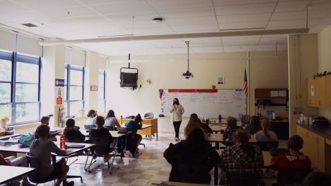Brooke Proulx, a school social worker at Gorham Middle School, is teaching an 8th grade health class lesson about responsible decision-making skills. She, and other educators at the school, have noticed more stress and anxiety among students this year and more students acting out. This class is one way that the school is working to reinforce social and emotional skills to help support students through the rocky transition this year.