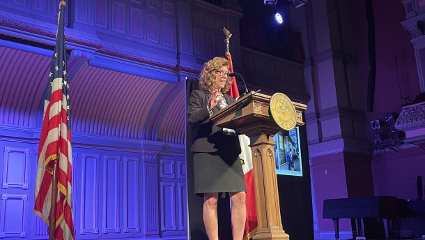 Troy Mayor Carmella Mantello delivering her first State of the City address at Troy Savings Bank Music Hall on Wednesday night