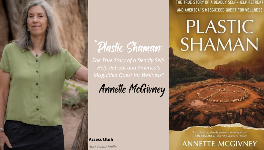 A graphic includes a picture of a woman with grey hair. She wears a green blouse and poses outside. On the other side of the graphic is the cover of "Plastic Shaman" by Annette McGivney. 
