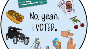 A circular illustration features the words “No, yeah. I VOTED.” surrounded by Michigan-themed imagery: a Michigan-left road sign, a Petoskey stone, playing cards, cherries, a hand map, Superman ice cream, the Mackinac Bridge, an antique car, and a coney dog.