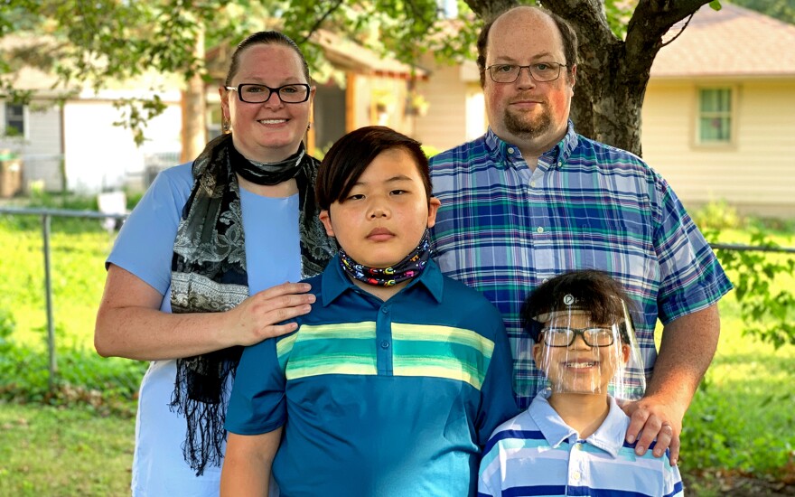 Heather Preston (left) is one of the parents in a lawsuit attempting to block Iowa’s ban on school mask mandates. She says her children are too young to be vaccinated but have chronic conditions that make them especially vulnerable to the coronavirus.