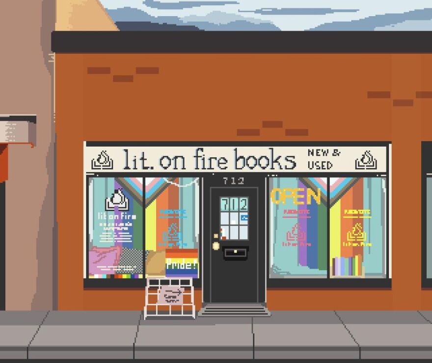 Pixel art of the exterior of Lit. on Fire created by Alex Thixton.