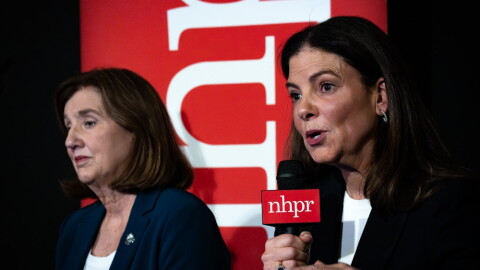 Republican Gov. Kelly Ayotte (right) and Democrat Cinde Warmington appear during a candidate forum hosted by NHPR and the Granite State News Collaborative, Oct. 22, 2026.