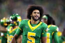 Oregon quarterback Dante Moore (5) dances to "Shout" during the second half of an NCAA college football game against Portland State, Friday, Sept. 18, 2026, in Eugene, Ore.