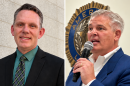 Two photos are side-by-side. One has a man in a suit and tie on the left, and one has a man on the right wearing a blazer and a white shirt. He is holding a microphone.