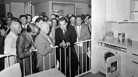 Soviet Premier Nikita Khrushchev, center left, talks with U.S. Vice President Richard Nixon during their famous "Kitchen Debate" at the United States exhibit at Moscow's Sokolniki Park, July 24, 1959. While touring the exhibit, both men kept a running debate on the merits of their respective countries. Standing to the right is Khrushchev's deputy, Leonid Brezhnev. (AP Photo)