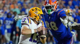 FILE - Florida defensive lineman Caleb Banks (88) sacks LSU quarterback Garrett Nussmeier (13) during the second half of an NCAA college football game, Saturday, Nov. 16, 2024, in Gainesville, Fla. (AP Photo/John Raoux, File)