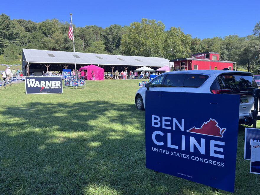 Incumbents' campaign signs outside the pavilion at Glen Maury Park in Buena Vista.