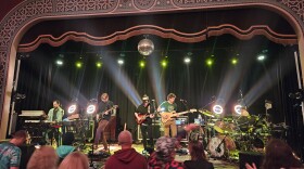 Squeaky Feet onstage at Lark Hall in Albany, New York, on October 25, 2025. From left to right: Brian Keller, Colin Shore, Greg King, Jimmy Finnegan, and Kevin D