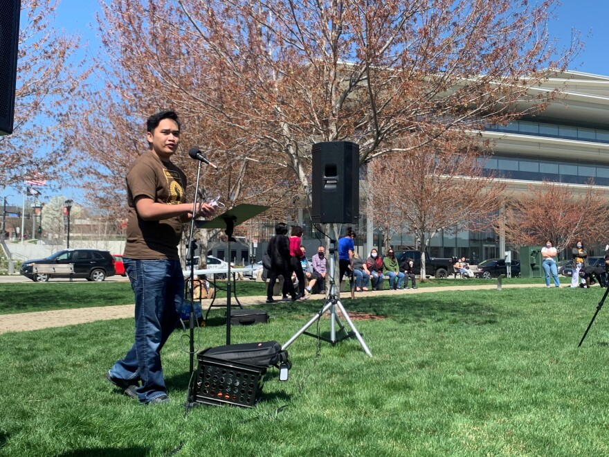 Tony Khuth spoke about his own family's history at the anti-Asian hate demonstration on Sunday. He and other speakers emphasized the importance of educating society about Asian experiences in order to help stop hate crimes against Asian Americans and Pacific Islanders.