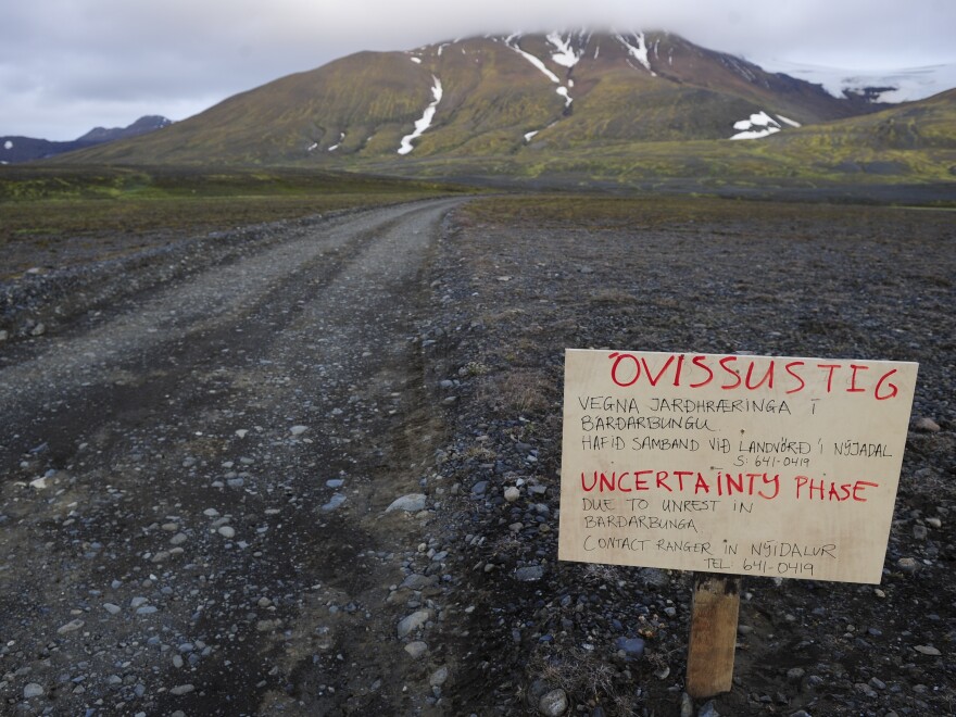 A warning sign blocks the road to Bardarbunga volcano, some 12 miles away, in the northwest region of Iceland's Vatnajokull glacier, on Tuesday.