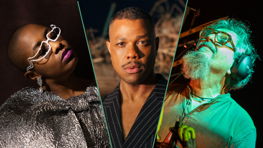 From left to right: Cécile McLorin Salvant, Davóne Tines, Cyro Baptista