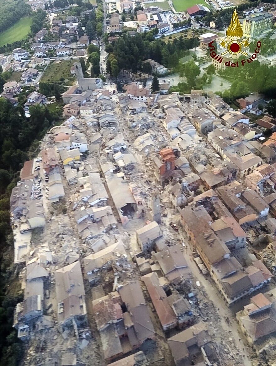 This aerial view shows the damage in the town of Amatrice, central Italy, on Wednesday, following a powerful earthquake.