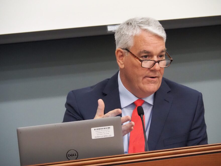 Andy Zay, then the chair of the Indiana Utility Regulatory Commission, leads a daylong utility affordability hearing on March 24, 2026, at the IURC’s downtown Indianapolis headquarters.