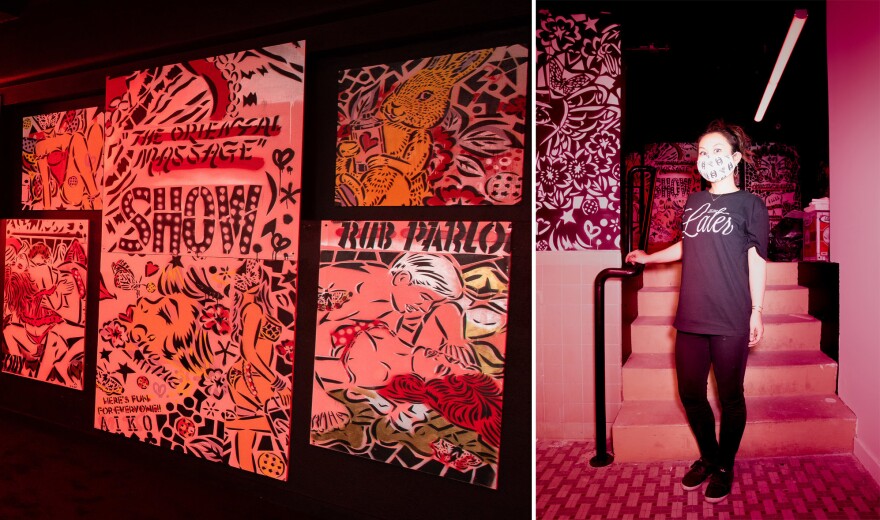 Left: AIKO's<strong> </strong>red-light district room is filled with erotic, comic book-like images. Right: AIKO (pictured) has shown her work in Rome, Shanghai and New York, where she's now based.