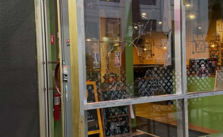 Vandals smashed several windows at the Hanover Street cafe.