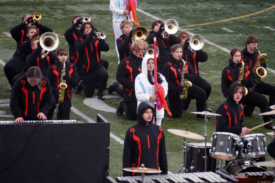 The Kenai Central High School Marching Band performs during the Kenai Marching Showcase at Ed Hollier Field in Kenai, Alaska, on Saturday, Oct. 3, 2026.