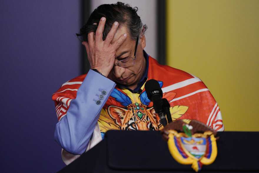 Conspiracy Comrade: Colombian President Gustavo Petro gestures during a press conference at the presidential palace in Bogota on Monday, Aug. 3, 2026, where he doubled down on unfounded claims of fraud in the June 21 presidential election his party's candidate lost.