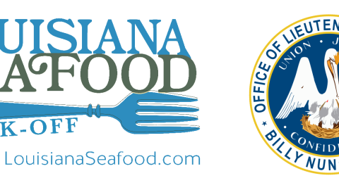 Louisiana Seafood Cook-Off logo is a blue spoon and State of Louisiana Seal