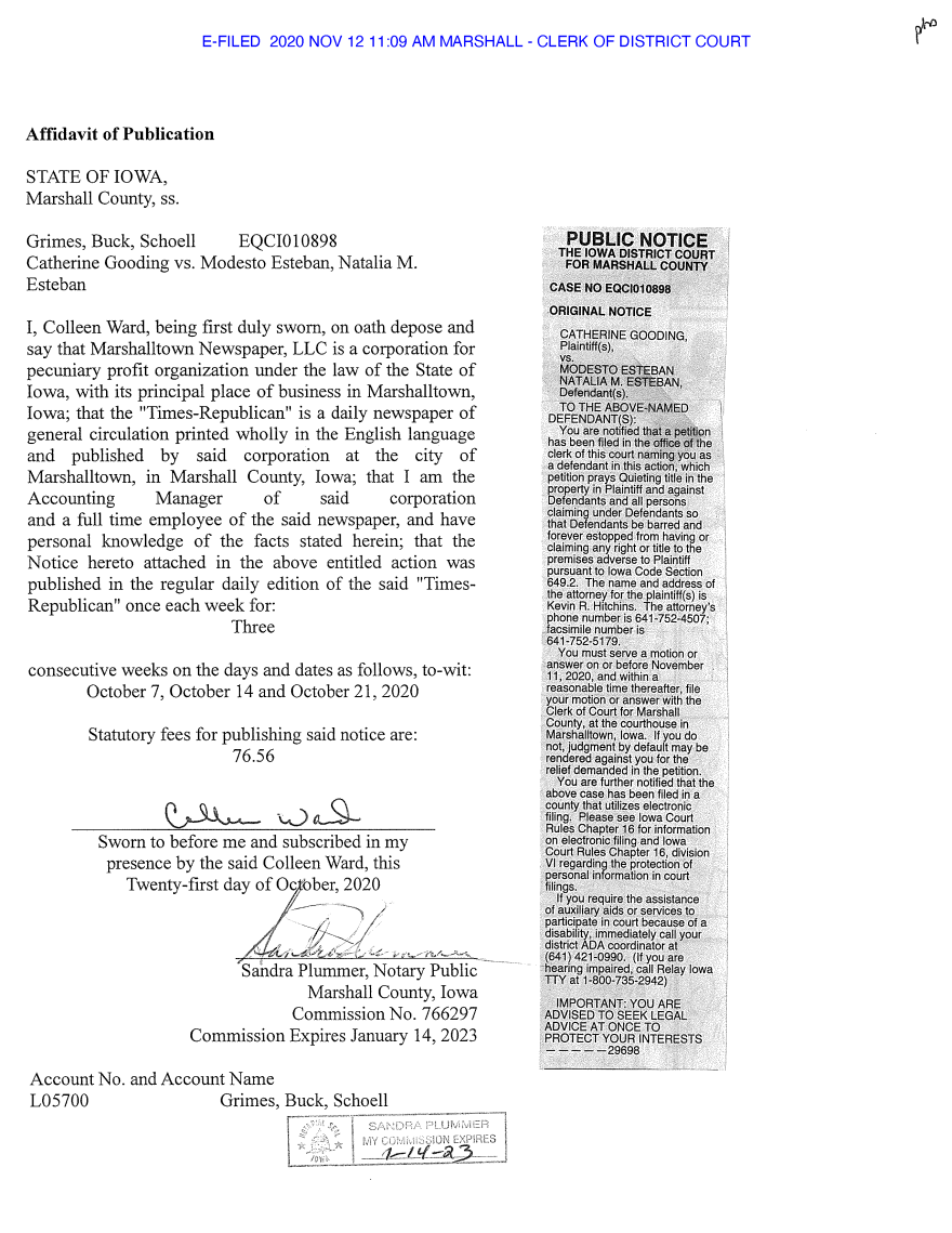  In October 2020, Catherine Gooding published three public notices in the Marshalltown Times-Republican per requirements in Iowa’s quiet title law to locate a property owner. Natalia Esteban was out of town at the time of publication and she also does not speak English.