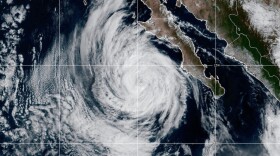 This NOAA satellite image taken at 2:09 p.m. EST on Thursday, Oct. 9, 2025, shows Tropical Storm Priscilla off the western coast of Mexico in the eastern Pacific Ocean.