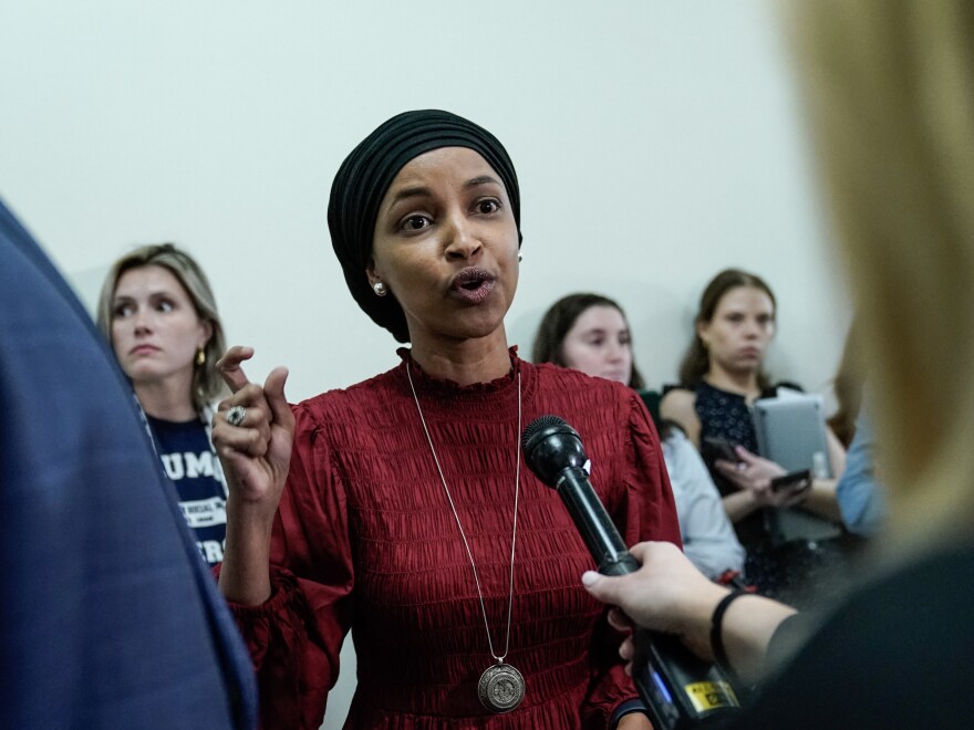 Rep. Ilhan Omar, Democrat of Minnesota, speaks to reporters in the hallway outside a House Committee on Education and the Workforce hearing "Columbia in Crisis: Columbia University's Response to Antisemitism" on April 17.