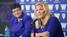 Athletic Director Jennifer Cohen says the University of Washington is thrilled to form the partnership with adidas. Cohen is pictured here with UW president Ana Mari Cauce in 2016.