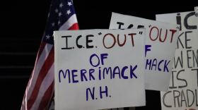 Protesters outside Merrimack Town Hall in Merrimack, New Hampshire, on Jan. 8, 2026 to oppose a proposed Immigration and Customs Enforcement detainee facility in town.