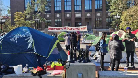 Students set up an encampment to call on the University to divest its investments in Israel, Israili companies, as well as American organizations supplying military equipment to Israel