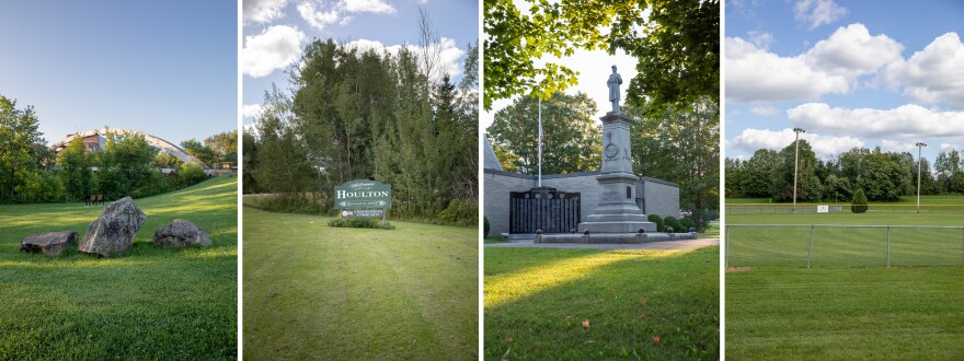 A horizontal grouping of four vertical images shows various park scenes. From left, the images show some large rocks, a Houlton, Maine sign, a monument, or statue, or a man and a large open field with a fence. 