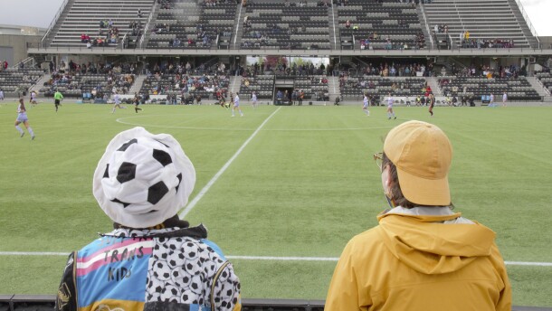 Supporters of the Spokane Zephyr, the city’s pro women’s soccer team, watch the team’s final match on May 16, 2026.