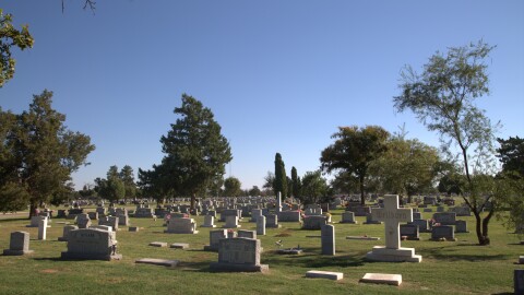 A photo of graves near the front of the Lubbock Cemetery, with different types of trees around them.