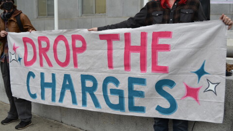 People rallied outside of the courthouse on Bryant St this morning calling on DA Brooke Jenkins to drop the charge