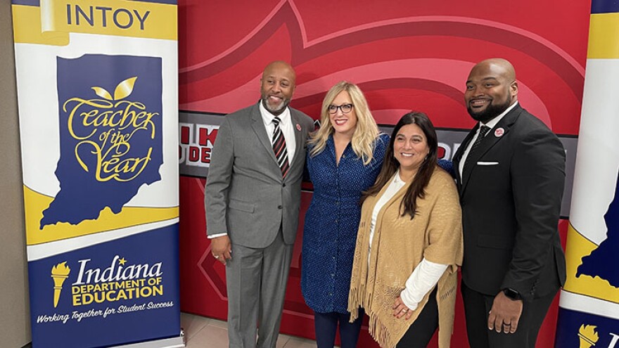 Indiana Teacher of the Year Graciela Miranda stands with MSD of Pike Township Superintendent Larry Young, Indiana Secretary of Education Katie Jenner and Pike High School principal Jeremy Wolley on Friday, Sept. 27, 2024 at the school.