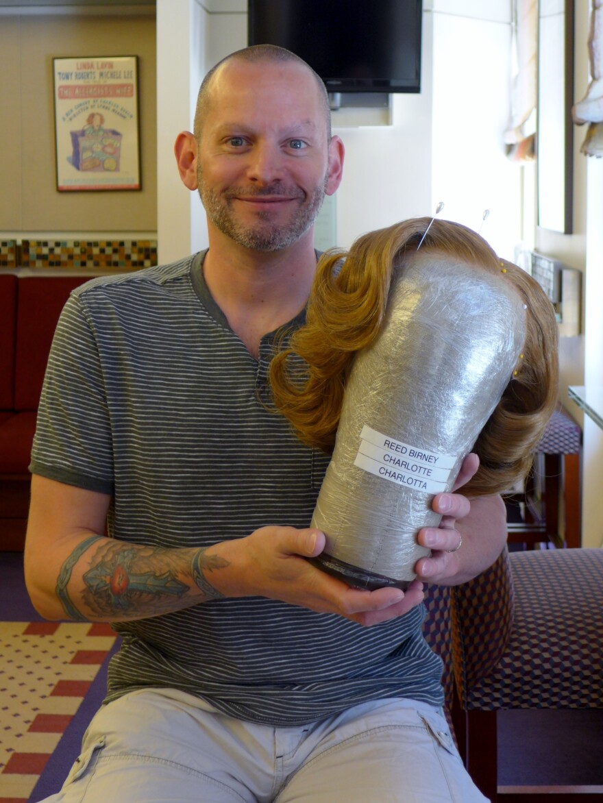 Jason Hayes spent almost a week weaving thousands of strands of human hair into this 1960s hairdo for Reed Birney's character, Charlotte, in <em>Casa Valentina</em>. The wig's name is, appropriately, "Charlotta."