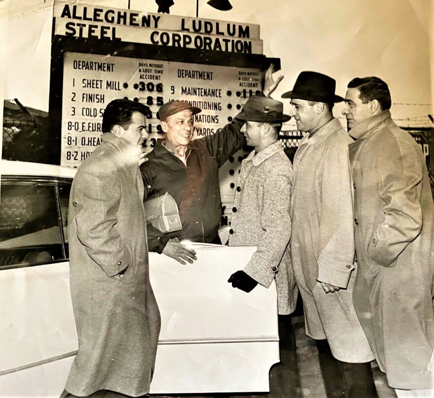 FILE - Grandfather Anthony Corso on last day of work as a crane operator at Allegheny Ludlum, Brackenridge, PA; from L to R, Uncle Frank, Grandpap Anthony, father Mario, and uncles Dominic and Angelo in 1960. (Courtesy of the Valley News Dispatch)