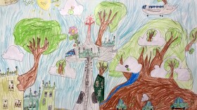 Jane, 7, drew this version of a climate-friendly Seattle for a KUOW drawing contest.