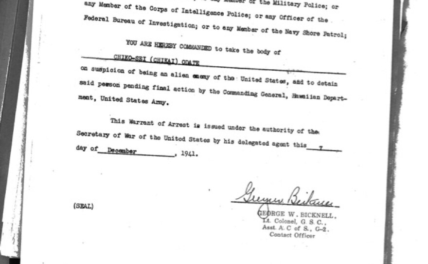 The arrest warrant for Kent Matsumoto's grandfather after the bombing of Pearl Harbor. The Matsumotos found this and other documents, including medical records, in the National Archives.