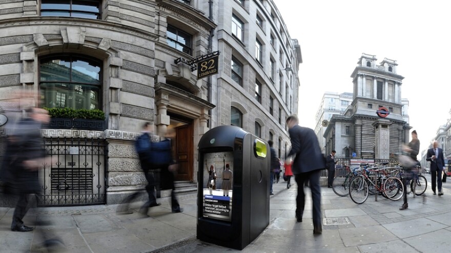 A promotional image from Renew shows one of its recycling/advertising kiosks in London. City officials asked the company to stop recording data about the phones of passing pedestrians.